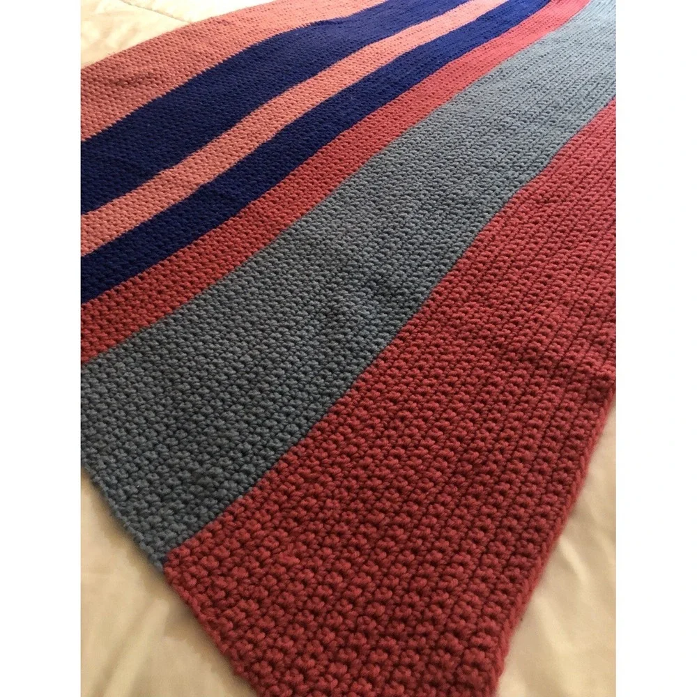 Four toned Stripes Pretty Pink Blue Vintage Afghan Cozy Couch‎ Throw Blanket